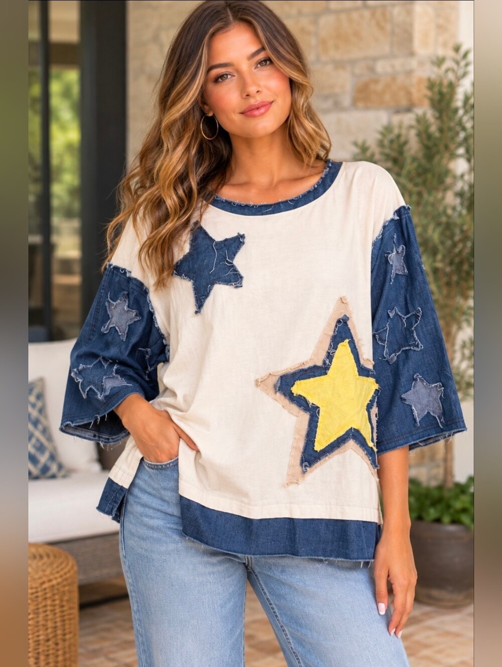 NEW!! Blue Velvet Star Appliqué Colorblock Pullover Top-Cream & Navy, Sz Md, NWT